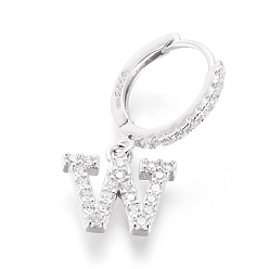 Letter W Rhodium Plated 925 Sterling Silver Hoop Earrings, Dangle Earrings, with Cubic Zirconia, with S925 Stamp, Letter, Clear, Platinum, Letter.W, 20mm, Pendants: about 8.5x9.3x1.5mm, Pin: 0.6mm