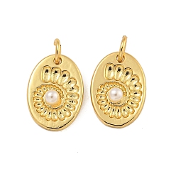 Настоящее золото 18K Овальные стойки подвески обшивки латунь, с искусственным жемчугом из АБС-пластика и прыгающим кольцом, без кадмия и без свинца, реальный 18 k позолоченный, 15x10.5x4.5 мм, отверстие : 3 мм