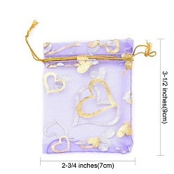 Mixed Color Heart Printed Organza Bags, Gift Bags, Rectangle, Mixed Color, 9x7cm