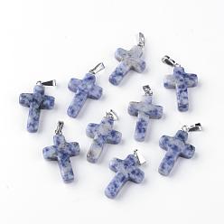 (306FM) Жонкиль матовый с лаймовой подкладкой Натуральные синие пятна яшмы подвески, окрашенные, с латунным прижимных поручительств, с покрытием платиным, крестик, 23.5~28x15~18x4 мм, отверстие : 3x6 мм