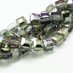 Light Grey Electorplated Glass Beads, Rainbow Plated, Faceted, Cube, Light Grey, 7x7x7mm, Hole: 1mm