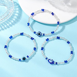 Синий 3шт. браслеты из стеклянных бусин, лэмпворка и смоляных бусин для женщин, злые глаза, синие, бусины : 8~10x8~13.5x5~8 мм, внутренний диаметр: 2.20~2.44 дюйм (5.6~6.2 см)