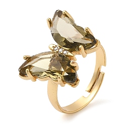Slate Gray Adjustable Brass Glass Finger Rings, with Clear Cubic Zirconia, Butterfly, Golden, Slate Gray, Size 7, Inner Diameter: 17mm
