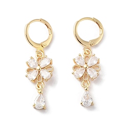 Прозрачный Вешалка для цветов с покрытием из золотой латуни, серьги с подвесками на защелке, с фианитами для женщин, прозрачные, 36.5x10.5 мм
