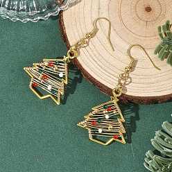 Oro Pendientes colgantes de latón y cristal para mujer, árbol de Navidad, dorado, 56.5x27 mm
