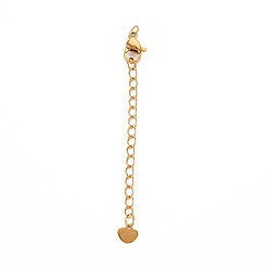Golden 304 Stainless Steel Chain Extender, Cadmium Free & Nickel Free & Lead Free, with Clasps and Tiny Heart Charm, Golden, 70mm, Hole: 2.5mm