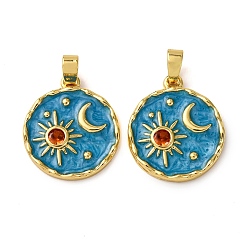 Настоящее золото 18K Кулон из циркония, с эмалью, плоский круг с подвесками в виде солнца и луны, реальный 18 k позолоченный, 18x16x2.5 мм, отверстие : 4x2.5 мм