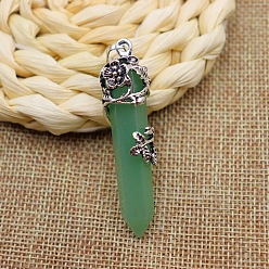 Green Aventurine Natural Green Aventurine Pendant Necklaces, Bullet with Rose Flower, 20.08~31.50 inch(51~80cm)