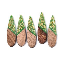 Зеленый лайм Подвески из непрозрачной смолы и орехового дерева, слезинки, с блестящей пудрой и золотой фольгой, зеленый лайм, 52~53x13.5x3 мм, отверстие : 1.8 мм