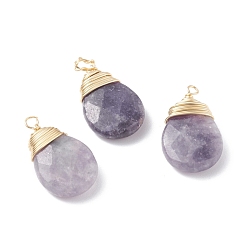 Lepidolite Copper Wire Wrapped Natural Lepidolite Pendants, Real 18K Gold Plated, Lilac, Teardrop, 23x13.5x5.5mm, Hole: 2~2.5mm