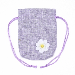 Lilac Burlap Pouch Gift Sachet Bags, with Polyester Drawstring and Flower Applique, for Presents, Party Favor Gift Bags, Lilac, 10x14.6cm