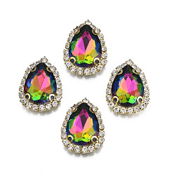 Pink Plated Sew on Rhinestone, Transparent Glass Rhinestone, with Brass Prong Settings, AB Color Plated, Faceted, Teardrop, Pink Plated, 23x17.5x6.5mm, Hole: 0.9mm