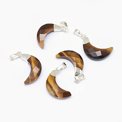 Тигровый глаз Природных тигровый глаз подвески, с длинными латунными накладками, граненые, луна, серебряный цвет гальваническим, 18~20x11~12.5x5 мм, отверстие : 3.5x5.5 мм