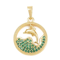 Настоящее золото 18K Латунные микро проложить кубического циркония подвески, прелести дельфинов, без кадмия и без свинца, реальный 18 k позолоченный, 21x18x3 мм, отверстие : 3x6 мм
