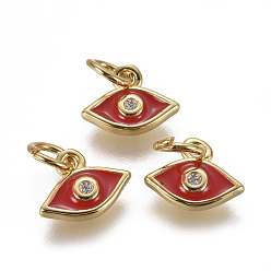 Красный Латунные микро проложить кубического циркония подвески, с эмалью, злые глаза, золотые, красные, 8x10x2 мм, отверстие : 3 мм