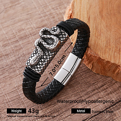 Snake Vintage 304 Stainless Steel Men's Braided PU Leather Bracelets with Metal Magnetic Clasps, Black, Antique Silver, Snake, Inner Diameter: 2.76 inch(7cm)