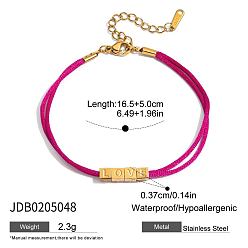 Deep Pink 304 Stainless Steel LOVE Cube Beads Link Polyester Cord 2-Strand Bracelets for Women, Golden, Deep Pink, 6.50 inch(16.5cm)