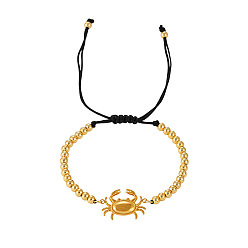 Cangrejo Pulseras ajustables de acero inoxidable con cuentas redondas trenzadas y animales marinos para la playa 304, dorado, cangrejo, 11.81 pulgada (30 cm)