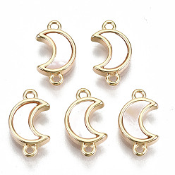 Real 18K Gold Plated Brass Links Connectors, with White Sea Shell, Nickel Free, Moon, Real 18K Gold Plated, 12x7x2mm, Hole: 1.2mm