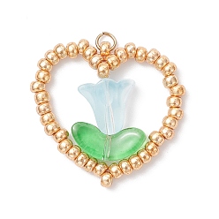 Светло-Синий Подвески в виде сердечек и цветов из стеклянного бисера Miyuki, с 304 открытым стопорным кольцом из нержавеющей стали, голубой, 28x30x6 мм, отверстие : 2.5 мм