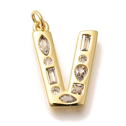 Letter V Латунные микропаве прозрачные подвески с фианитом, с целью перехода в кольце, без свинца и без кадмия, долговечный, стойки покрытие, письмо амулеты, реальный 18 k позолоченный, Буква V, 20x15x2.7 мм, Перейти кольцо: 5x1 мм, 3 mm внутреннего диаметра.