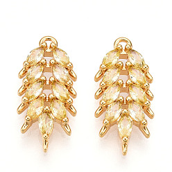 Настоящее золото 18K Латунные микро проложить кубического циркония подвески, лист прелести, реальный 18 k позолоченный, 19x8.5x3 мм, отверстие : 1.2 мм