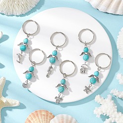 Античный Серебристый & Цвет Нержавеющей Стали Брелки в виде ангела из синтетического бирюзового сплава в тибетском стиле, 304 кольца прыжок из нержавеющей стали, железная фурнитура, старинное серебро и цвет нержавеющей стали, 67~76 мм, 6 шт / комплект