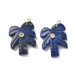 Lapis Lazuli Dyed Natural Lapis Lazuli Carved Pendants, Coconut Tree Charms with Brass Pave Clear Cubic Zirconia Findings, Golden, 26.5x20.5x7.5mm, Hole: 6.5mm