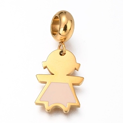 Розовый Ионное покрытие (ip) 304 подвески из нержавеющей стали в европейском стиле, Подвески с большими отверстиями, с эмалью, девушка, туманная роза, 26 мм, отверстие : 4 мм, Кулон : 16x11x1 мм