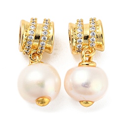 Настоящее золото 18K Покрытие стойки латунь микропаве прозрачные подвески из кубического циркония, с натуральной жемчужиной, Подвески с большими отверстиями, без кадмия и без свинца, круглые, реальный 18 k позолоченный, 21~21.5 мм