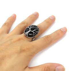 Обсидиан Натуральный обсидиан, обмотанный медной проволокой, с кольцами из сплава, платина, овальной формы с деревом жизни рисунком, 30x20 мм, внутренний диаметр: 20 мм