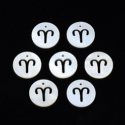 Taurus Natural Freshwater Shell Charms, Flat Round with Twelve Constellations, Hollow, Taurus, 12x1.5mm, Hole: 0.9mm