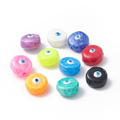Mixed Color Glass Beads, with Enamel, Flat Round with Evil Eye Pattern, Mixed Color, 14~14.5x9mm, Hole: 1.2mm