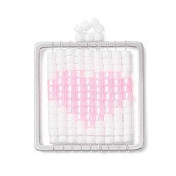 Pink Квадратный стеклянный бисер ручной работы с подвесками в форме сердца, с 304 соединительным кольцом из нержавеющей стали, розовые, 24.5x20.5x1.5 мм, отверстие : 2 мм