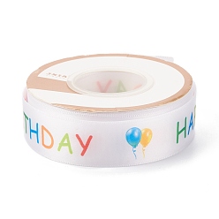 Word Single Face Polyester Printed Satin Ribbon, for Birthday Gift Packaging, Birthday Themed Pattern, Word Happy Birthday, 1-1/8 inch(27mm), about 25 yards/roll
