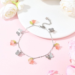 Оранжевый 201 браслеты на ногу из латунной цепочки с подвесками в виде бабочек из нержавеющей стали и стеклянных цветов, окрашенных распылением, платины и нержавеющая сталь цвет, оранжевые, 9-3/8 дюйм (239 мм)