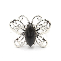 Обсидиан Регулируемые кольца из натурального обсидиана «конский глаз» для женщин, металлические кольца на палец в виде бабочки платинового тона, Бабочка: 20x24 mm