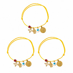 Yellow Religion 304 Stainless Steel Cross Hamsa Hand Evil Eye Charm Bracelet Sets, Adjustable Stackable Cord Bracelets with Cube Dyed Natural Imperial Jasper Beads, Golden, Yellow, 11.02 inch(28cm), 3pcs/set