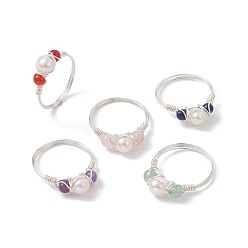 Серебро Открытое кольцо из медной проволоки с натуральным драгоценным камнем, Женское кольцо-манжета на палец из натурального культивированного пресноводного жемчуга, серебряные, размер США 9 (18.9 мм), 1.5~7 мм