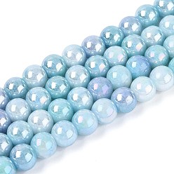 Светло-Голубой Гальванические непрозрачные стеклянные бусины, круглые, с покрытием AB цвета, два тона, Небесно-голубой, 8~8.5 мм, отверстие : 1~1.2 мм, около 102~105 шт / нитка, 29.13~30.31'' (74~77 см)