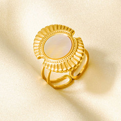 Настоящее золото 18K 304 Открытые кольца-манжеты из нержавеющей стали с натуральными ракушками для женщин, овальные, реальный 18 k позолоченный, 22 мм, внутренний диаметр: 17 мм