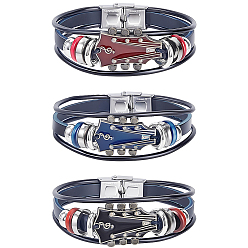 Mixed Color 3Pcs 3 Colors Alloy & Leather Cord Bracelets for Men Women, Guitar, Mixed Color, 8-1/8 inch(20.7cm), 1pc/color
