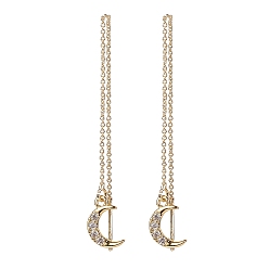 Golden Clear Cubic Zirconia Crescent Moon with Tassel Dangle Stud Earrings, Brass Long Ear Thread for Women, Golden, 91x1mm, Pin: 0.9mm