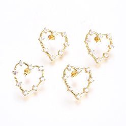 Real 18K Gold Plated Brass Micro Pave Clear Cubic Zirconia Stud Earrings, with Ear Nuts, Long-Lasting Plated, Heart, Real 18K Gold Plated, 25x25x3mm, Pin: 0.7mm