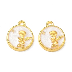 Golden Alloy Enamel Pendants, Flat Round with Angel Charms, Golden, 17x14.5x3mm, Hole: 1.6mm
