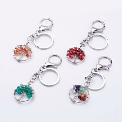 Смешанные камни Брелок из смешанных камней, с застежками сплава омаров, Железное кольцо и латунные находки, плоские круглые с деревом, платина, 95 мм