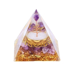 Янтарный Украшение дисплея смолы пирамиды оргонита, с натуральной крошкой внутри, для домашнего офисного стола, дерево, 50 мм