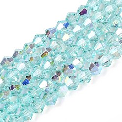 Бледно-бирюзовый Прозрачные стеклянные бусины, двухконусные, с половиным покрытием, с покрытием AB цвета, граненые, окрашенный и сердечный, бледные бирюзовая, 4~4.5x3.5~4 мм, отверстие : 0.8~0.9 мм, около 80~82 шт / нитка, 12.20~12.40 дюйм (31~31.5 см)