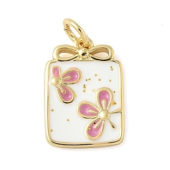 Pink Латунь эмаль подвески, прямоугольник с цветочной подвеской, с целью перехода в кольце, без свинца и без кадмия, долговечный, стойки покрытие, реальный 18 k позолоченный, розовые, 16x11x2 мм, отверстие : 3.4 мм
