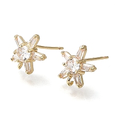 Real 14K Gold Plated Brass Pave Cubic Zirconia Stud Earring Findings, Star, with Loop, Real 14K Gold Plated, 10.5x10mm, Pin: 0.7mm